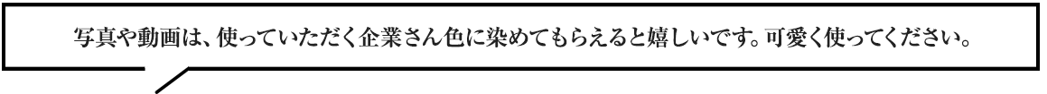 写真や動画は、使っていただく企業さん色に染めてもらえると嬉しいです。可愛く使ってください。